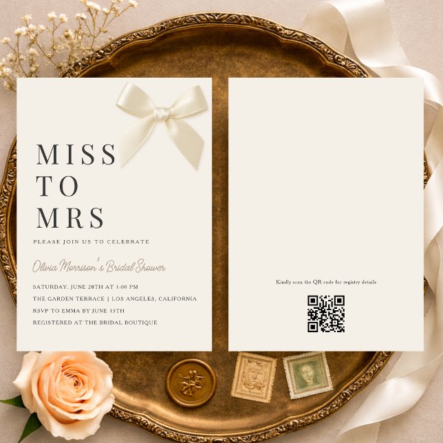 Invitation Miss to Mrs Coquette Bow QR Code Bridal Shower (Créateur téléchargé)