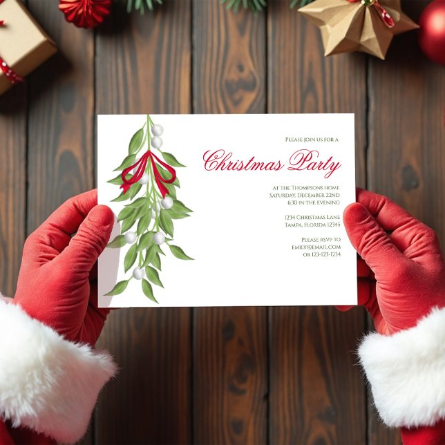 Invitation Mistletoe Greenery Christmas Party Custom  (Christmas Party Mistletoe Holiday Invitations.)