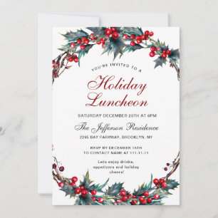 Invitation Mistletoe Holly Berry Wreath Holiday Luncheon