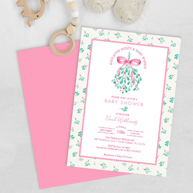 Invitation Mistletoe Kisses Baby shower rose pour fille (Pink Winter Baby Shower, Under The Mistletoe Celebration)