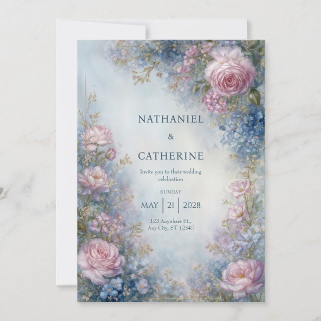 Invitation Misty Blue Ethereal Rose Border Wedding (Devant)