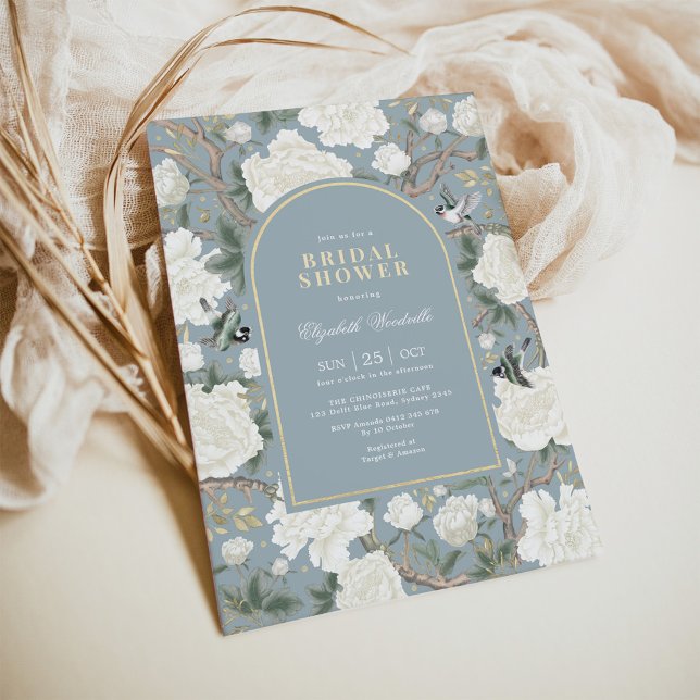 Invitation Misty Blue White Chinoiserie Floral Fête des marié (Créateur téléchargé)