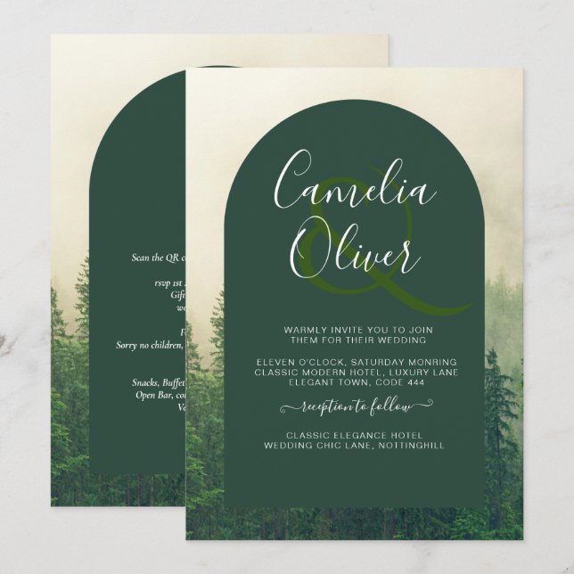 Invitation Misty Green Forest Pine Trees Mariage (Devant / Derrière)