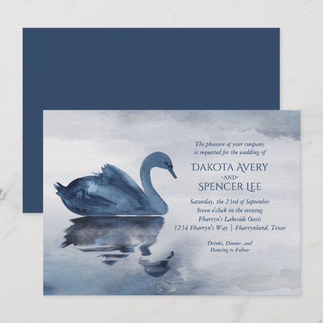 Invitation Misty Reflections | Dusty Blue Swan Lake Mariage (Devant / Derrière)