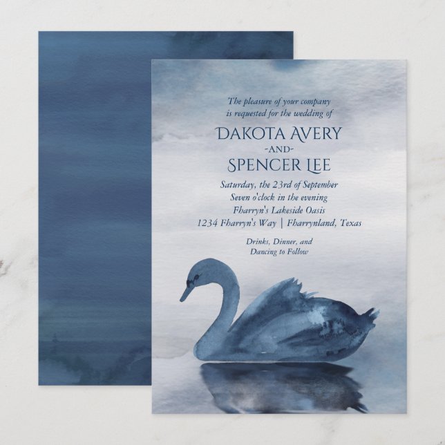 Invitation Misty Reflections | Dusty Blue Swan Lake Mariage (Devant / Derrière)