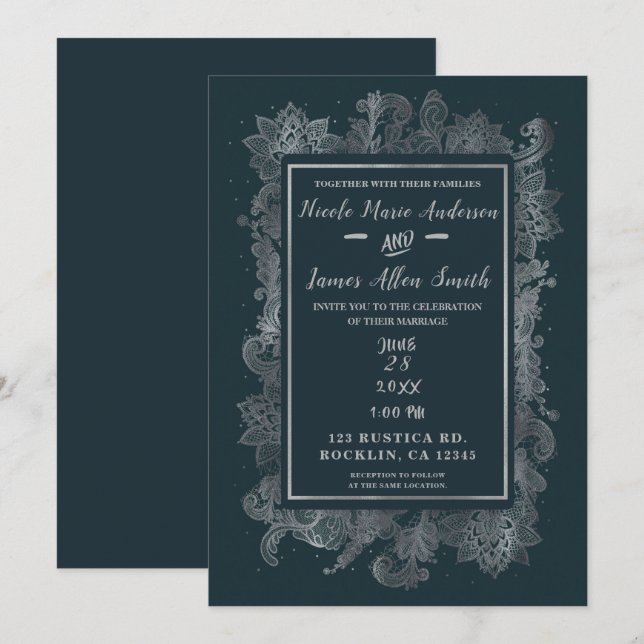 Invitation Misty Rustic Blue & Silver Elégant Mariage Floral (Devant / Derrière)
