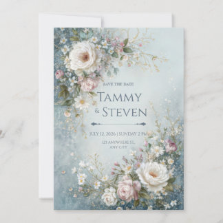 Invitation Misty Teal Watercolor Ivory Rose Wedding