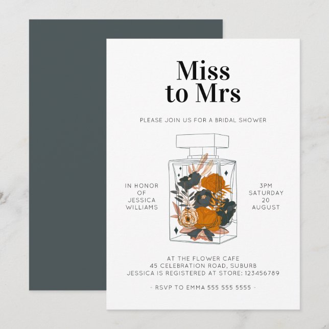 Invitation Mlle à Mme Floral Fête des mariées de parfum bleu  (Devant / Derrière)