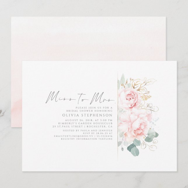Invitation Mlle à Mme Gold et Fête des mariées florale rose (Devant / Derrière)