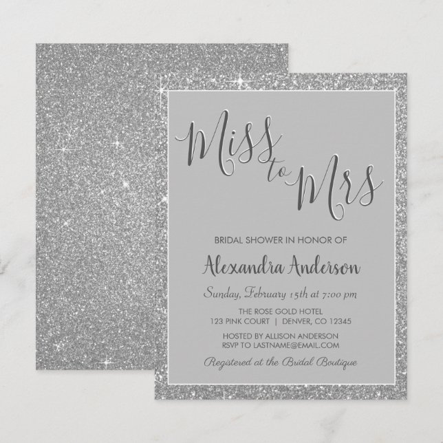 Invitation Mlle à Mme Silver Parties scintillant Fête des mar (Devant / Derrière)