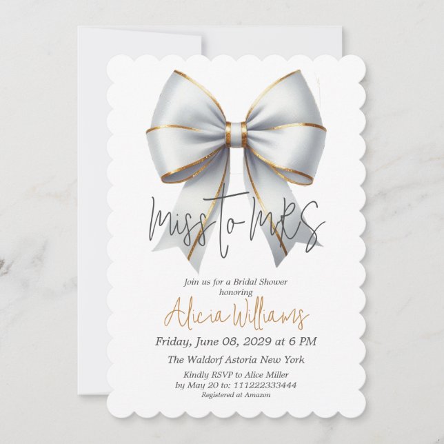 Invitation Mlle à MRS Gold White Bow Fête des mariées (Devant)