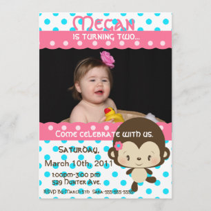 Invitation Mlle Monkey Birthday Invitation-Rose-Bleu de Lil