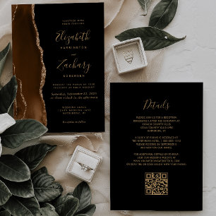 Invitation Mocha Brown Gold Agate noir QR Code Mariage