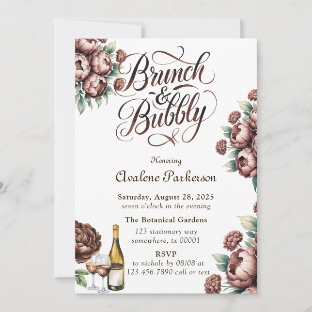 Invitation Mocha Brown Peony Brunch et Bubbly (Devant)