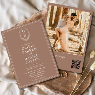 Invitation Mocha Brown Photo QR Code Classic Crest Mariage