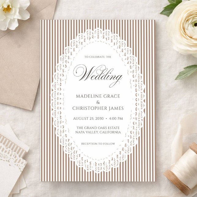 Invitation Mocha Brown Stripe Lace Doily Wedding (Créateur téléchargé)
