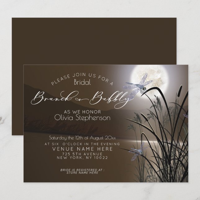 Invitation Mocha Brunch doux Pleine lune mousseuse libellule (Devant / Derrière)