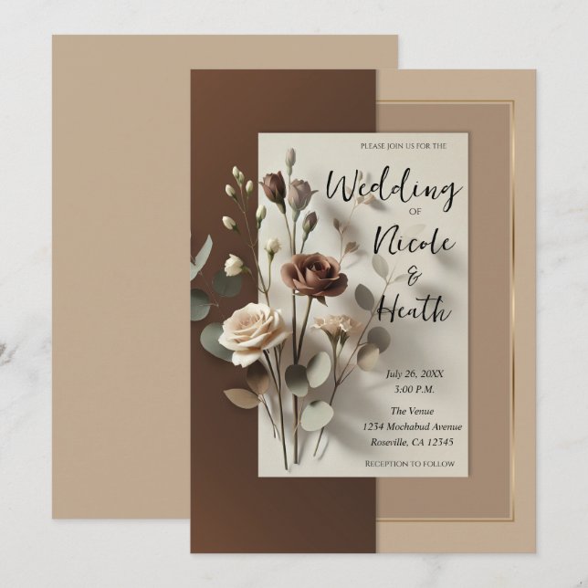 Invitation Mocha Café Au Lait Brown Neutre Floral Mariage (Devant / Derrière)