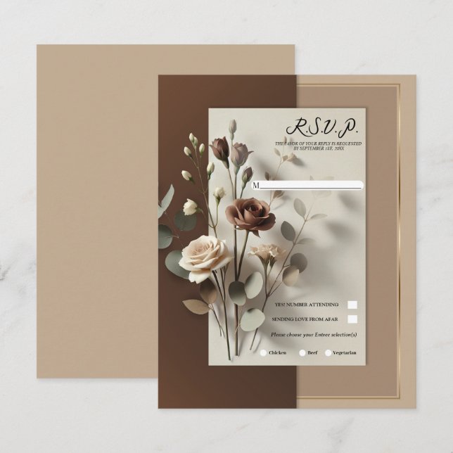 Invitation Mocha Café Au Lait Brown Neutre Floral RSVP (Devant / Derrière)