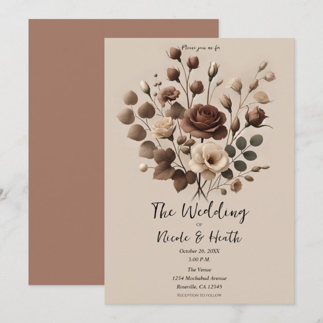 Invitation Mocha Mousse Beige Brown Floral Mariage (Devant / Derrière)