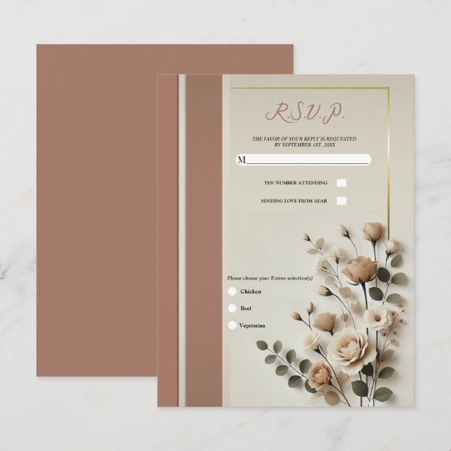 Invitation Mocha Mousse & Os Blanc Neutre Floral RSVP (Devant / Derrière)