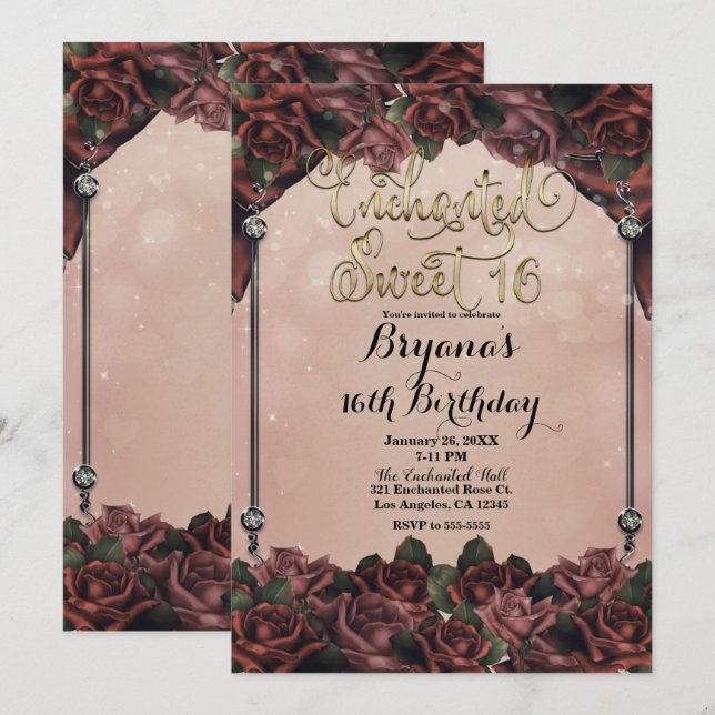 Invitation Mocha Rust Roses Brown Élégant Sweet 16 16e (Devant / Derrière)