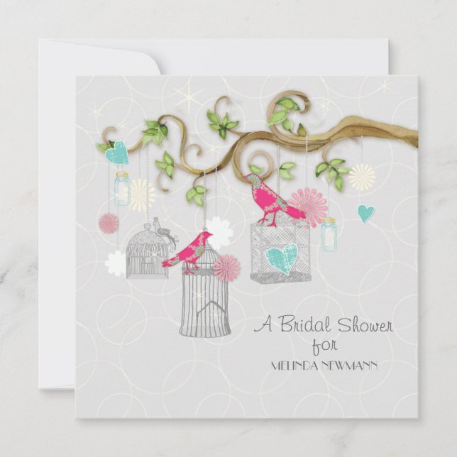 Invitation Mod Bird Cage Mason Jar Coeur Fête des mariées flo (Devant)