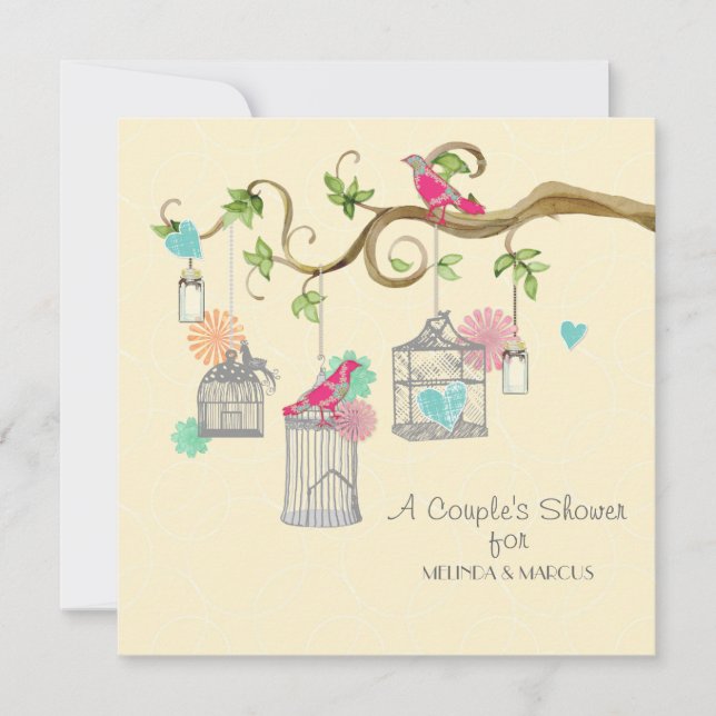 Invitation Mod Bird Cage Mason Jar Coeur Fête des mariées flo (Devant)