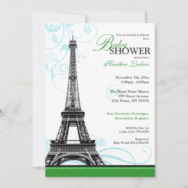Invitation Mod Flourdir Tour Eiffel Baby shower parisien (Devant)