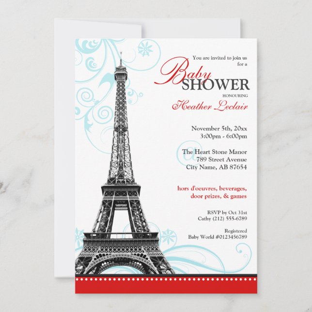 Invitation Mod Flourdir Tour Eiffel Baby shower parisien (Devant)