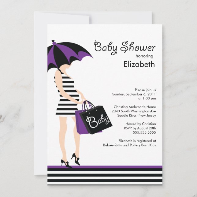 Invitation Mod Mom Baby Girl Shower branché Black & Purple (Devant)