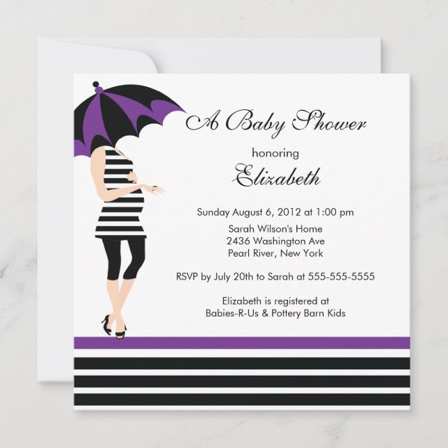 Invitation Mod Mom Baby Girl Shower Trendy Black & Purple (Devant)