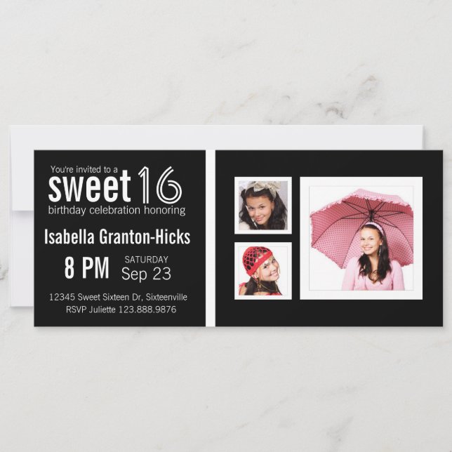 Invitation Mod Sweet 16 Anniversaire avec 3 photos (Devant)