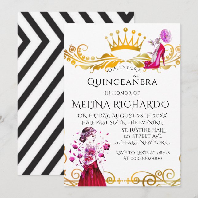 Invitation Mode moderne noire rayure rose Quinceanera Party (Devant / Derrière)