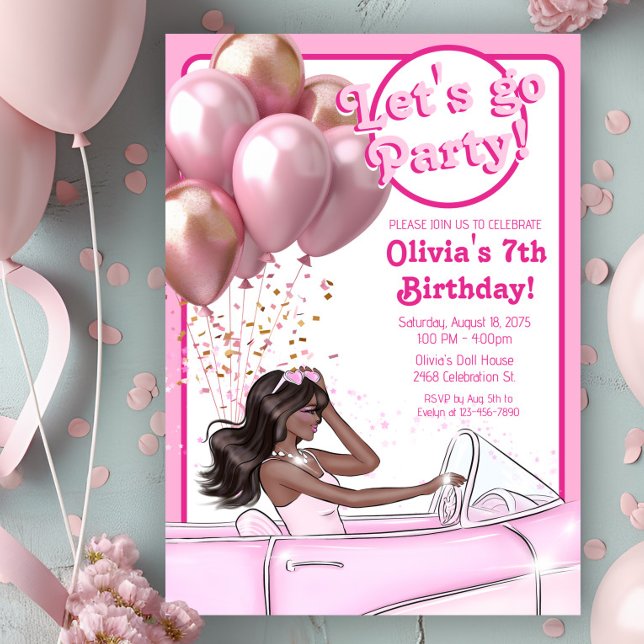 Invitation Mode rose Melanin Doll Voiture Anniversaire (Cute pink doll in car any number birthday party invitation. Simply add your event details.)