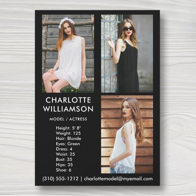Invitation Modèle Acteur 5x7 Comp Card 3 photo noir (Available in high quality print or digital download for quick messaging, email or self printing.)