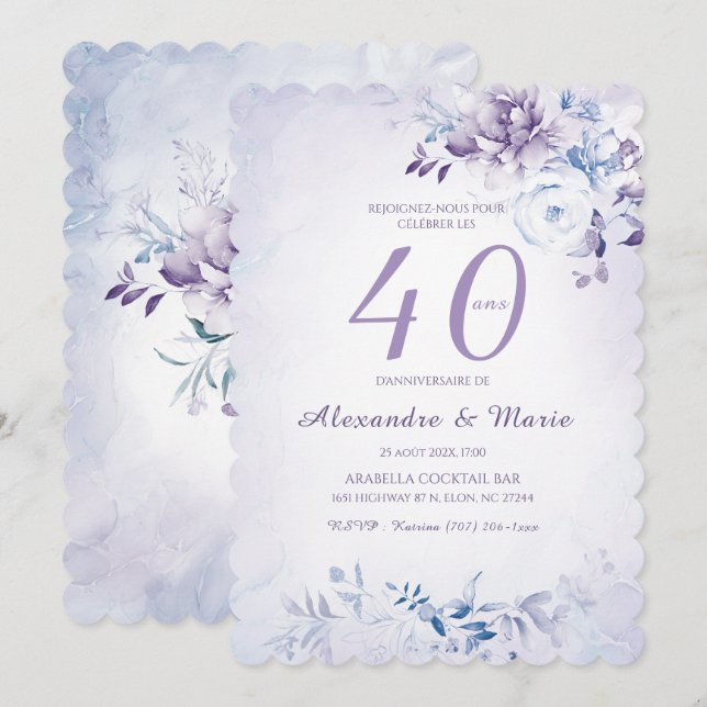 Invitation Modèle Anniversaire 40 ans Couleur Lavande (Devant / Derrière)