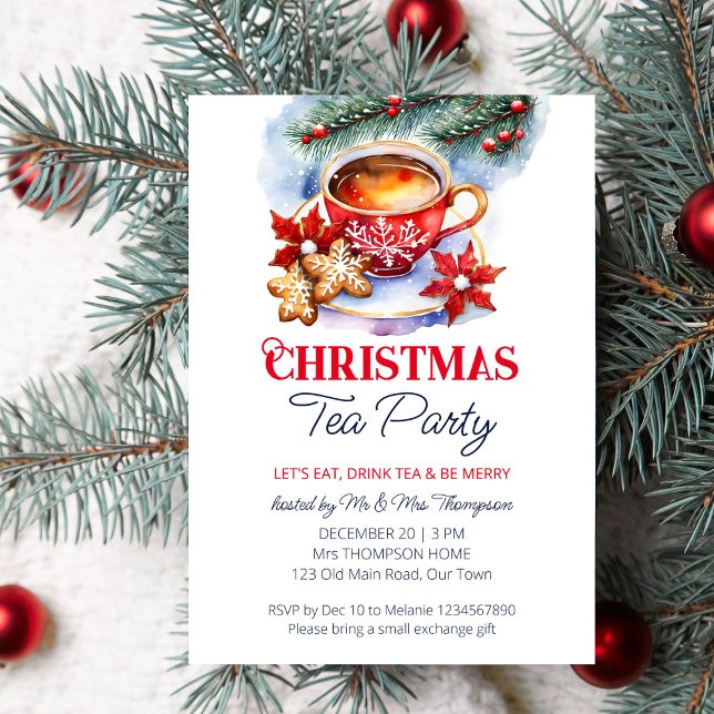 Invitation Modèle d'aquarelle de fête du thé de Noël (Christmas tea party editable template invitation digital download watercolor tea cup pines cookies)