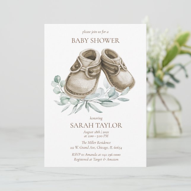 Invitation Modèle de Baby Shower Bottines Bohème Rustique (Debout devant)