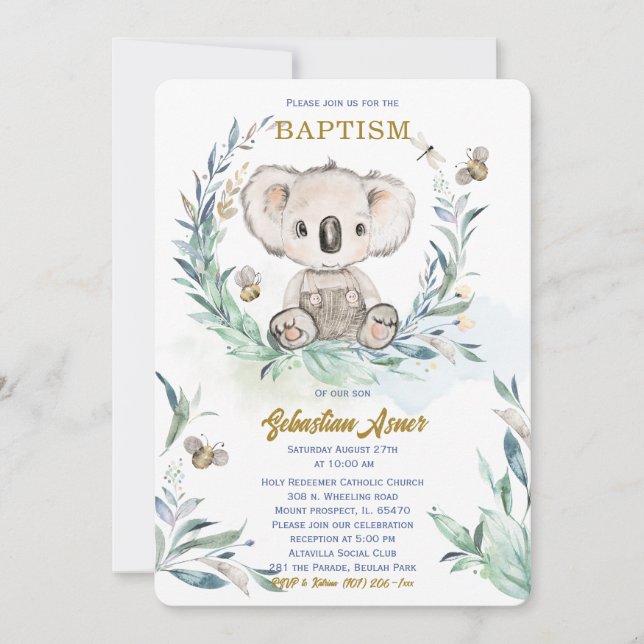 Invitation Modèle de baptême Koala personnalisé (Devant)