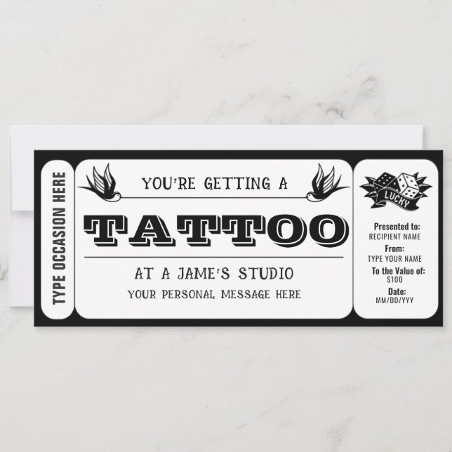 Invitation Modèle de bon cadeau pour un tatouage personnalisé (Devant)
