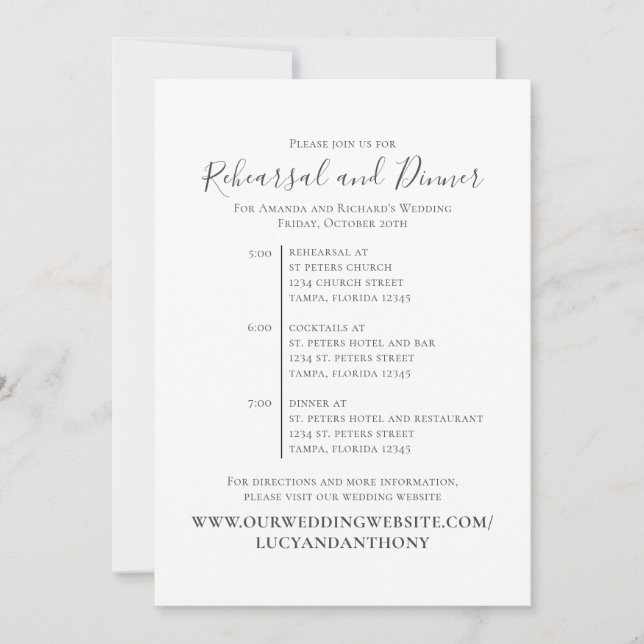 Invitation Modèle de chronologie du dîner de répétition minim (Devant)