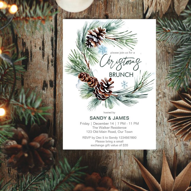 Invitation modèle de couronne de pin pour brunch de Noël (Christmas brunch party editable template invitation digital download watercolor pine wreath template)