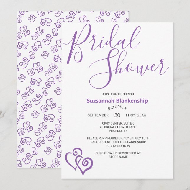 Invitation Modèle de Fête des mariées des Coeurs Liés Violets (Devant / Derrière)