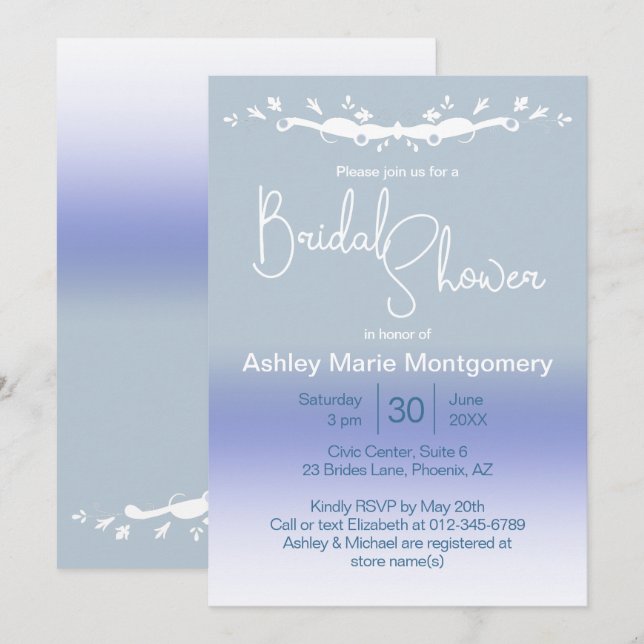Invitation Modèle de Fête des mariées Ombre Blue Pastel éléga (Devant / Derrière)