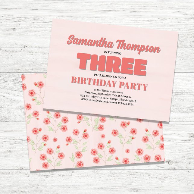 Invitation Modèle de fête féminine rose florale troisième ann (Third Birthday Party Girls Custom Invitations.)