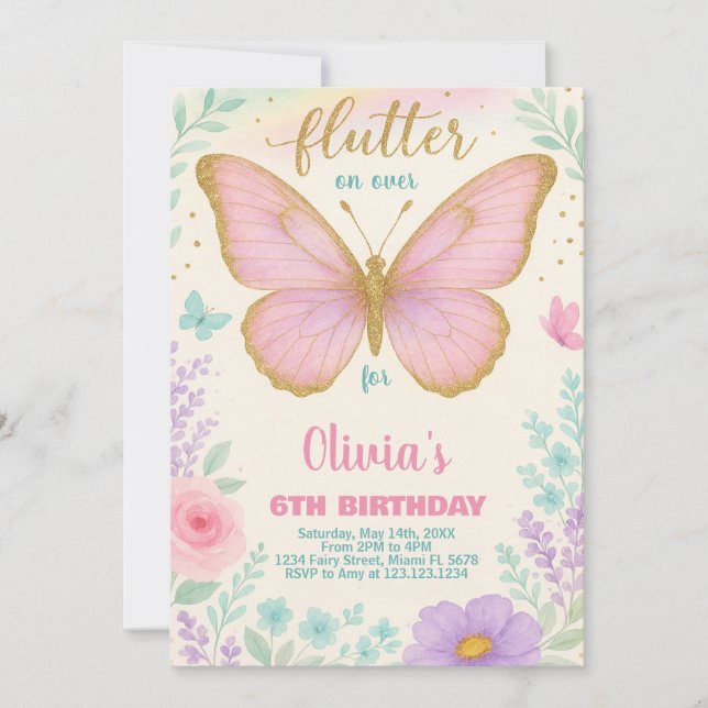 Invitation Modèle de fête florale éditable pour filles (Devant)