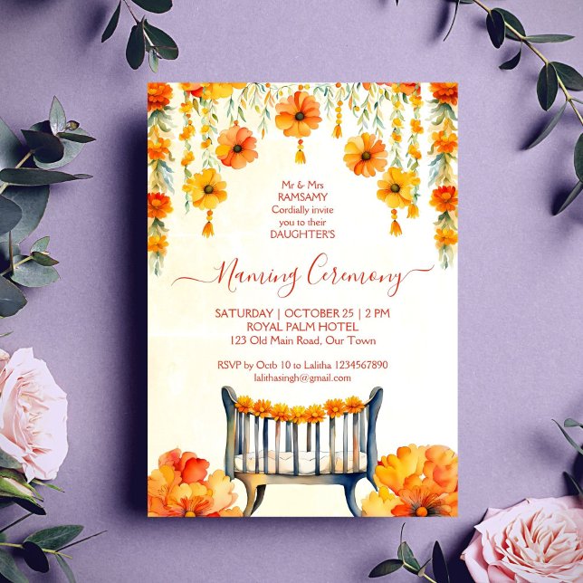 Invitation Modèle de la cérémonie indienne de baptême du berc (Baby Naming Cradle Indian Ceremony template invitation digital download orange yellow marigolds)