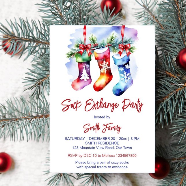 Invitation Modèle de la fête de Noël (Christmas sock exchange party template invitation instant download colorful socks on snowy fir tree)