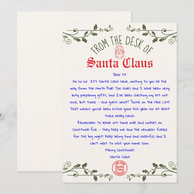 Invitation Modèle de lettre du Père Noël éditable imprimable (Devant / Derrière)